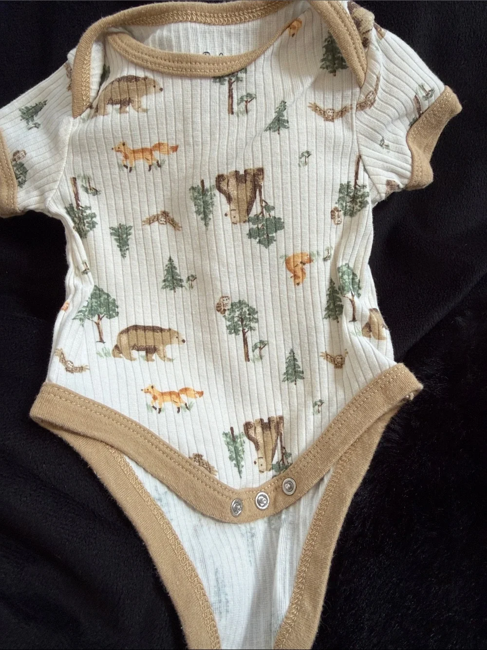 Baby Essentials Cream Ribbed One-Piece with Woodland Animal Print and Tan Trim